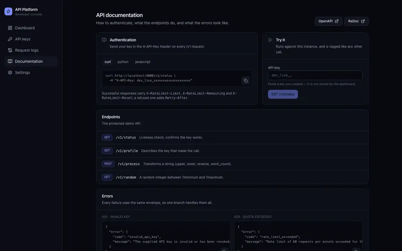 API documentation in the console