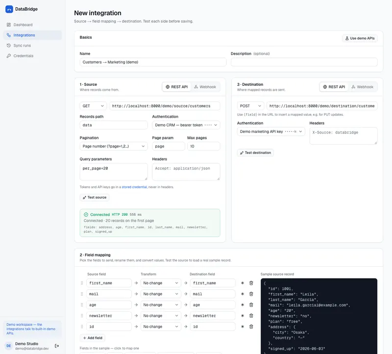 New integration: tested source, field chips and a live mapping preview