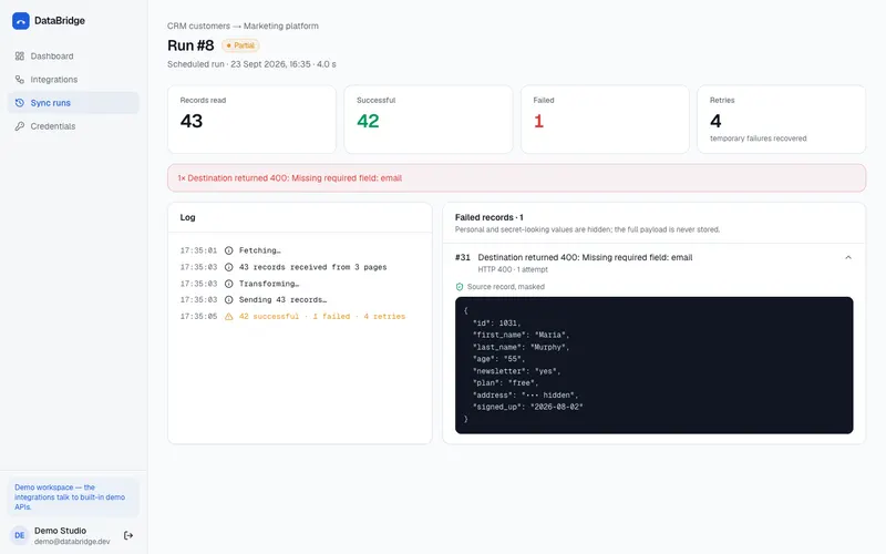 Run detail with delivered records and a failed record with its reason