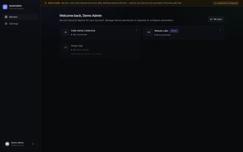 Server dashboard with bot status and permission state per server