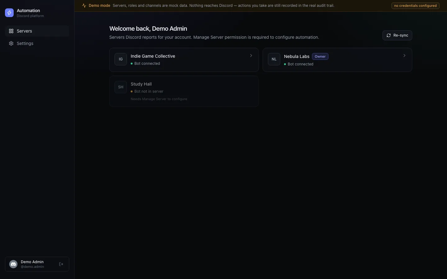 Server dashboard with bot status and permission state per server