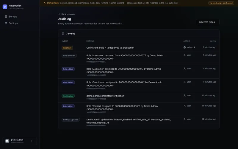 Filterable audit log of automation events