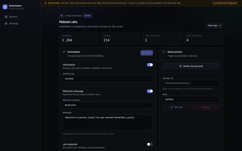 Per-server automation settings: verification, welcome message and roles