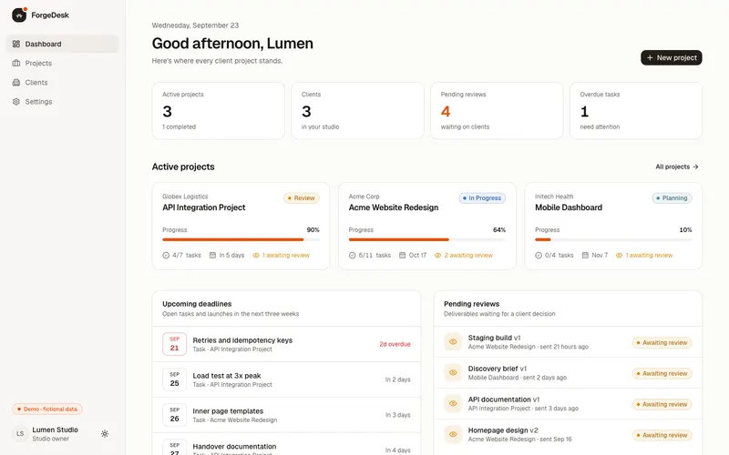 Studio dashboard with projects, reviews and deadlines