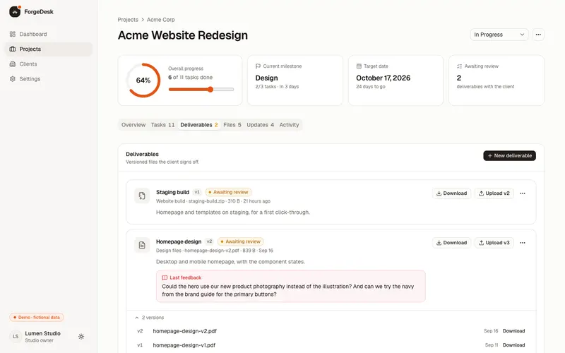 Deliverables with version history and review status