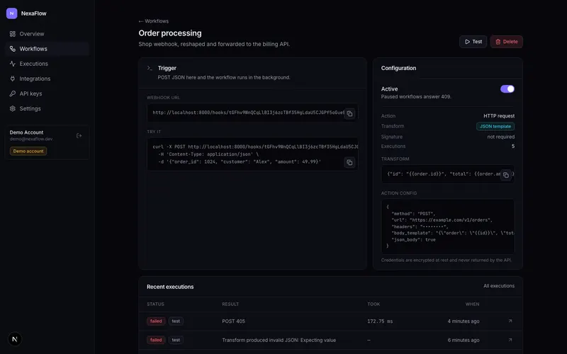 Workflow detail with its webhook URL and recent runs