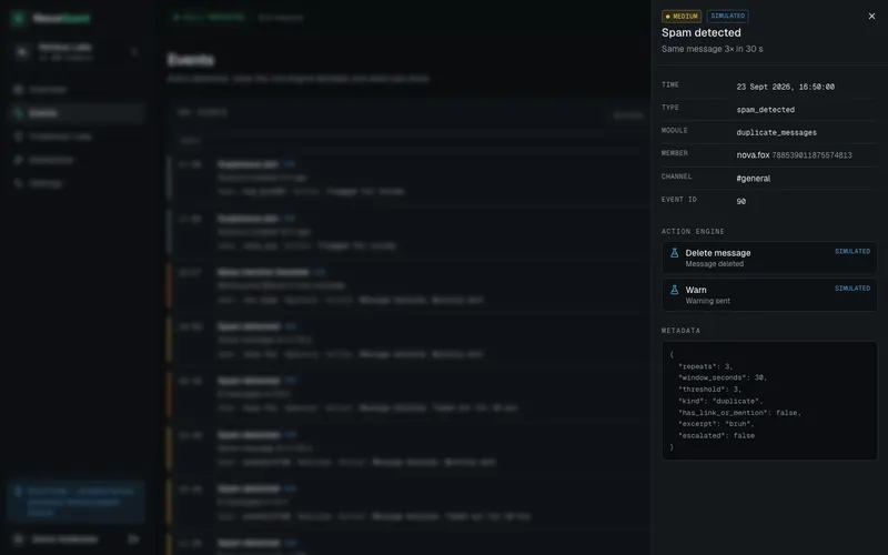 Event detail showing what the detection, rule and action engines decided