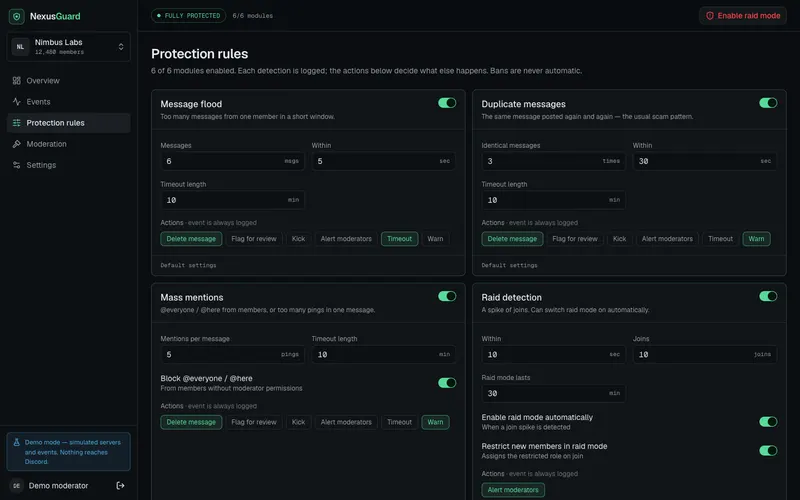 Per-server protection rules with bounded thresholds and actions