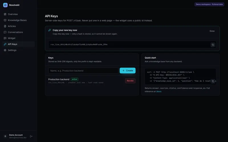 API keys, shown once