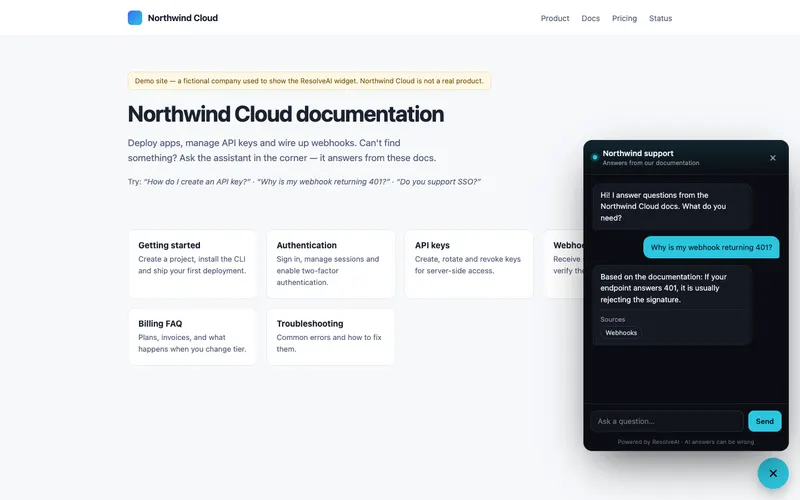 The embeddable widget answering on a demo customer site