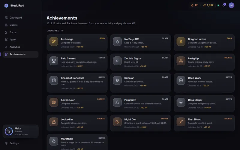 Achievements unlocked from real activity, with progress toward the rest
