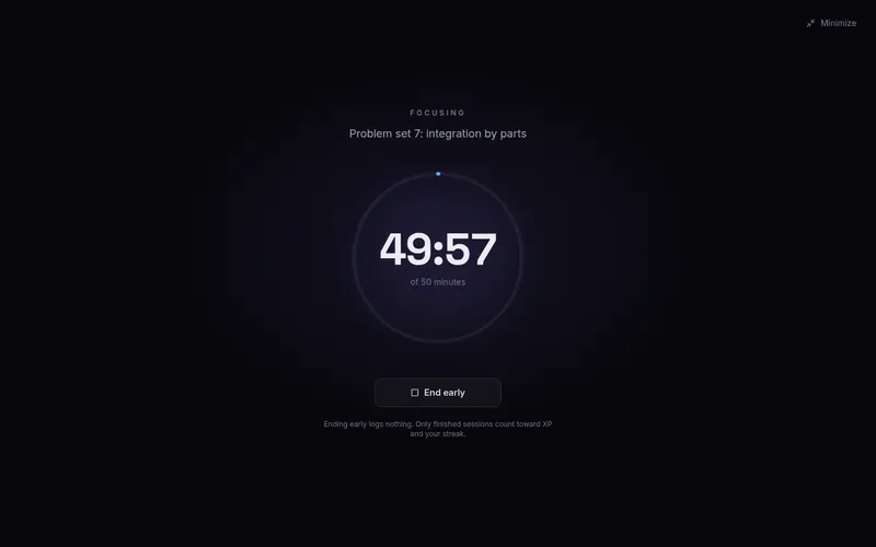 Full-screen focus session counting down a 50-minute block