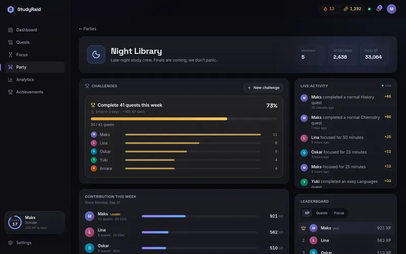 Party page with a live weekly challenge, member contributions and a leaderboard