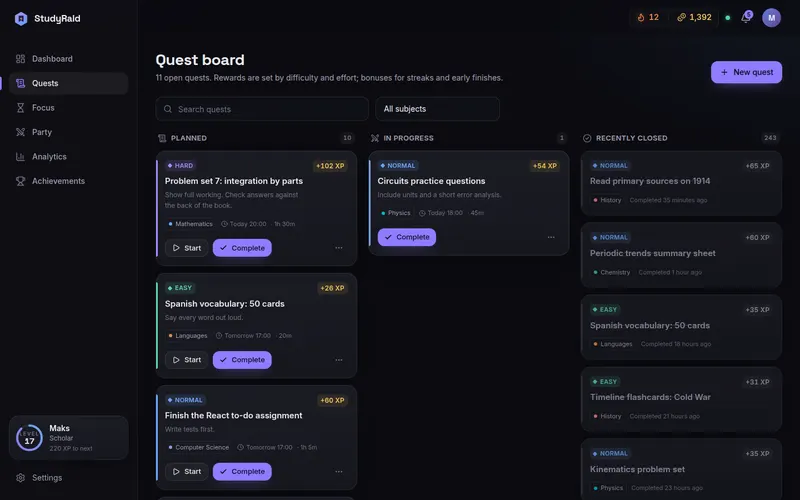 Quest board with planned, in-progress and recently closed quests