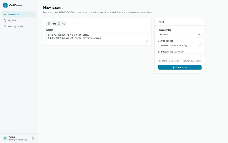 Create a secret link with expiry and passphrase